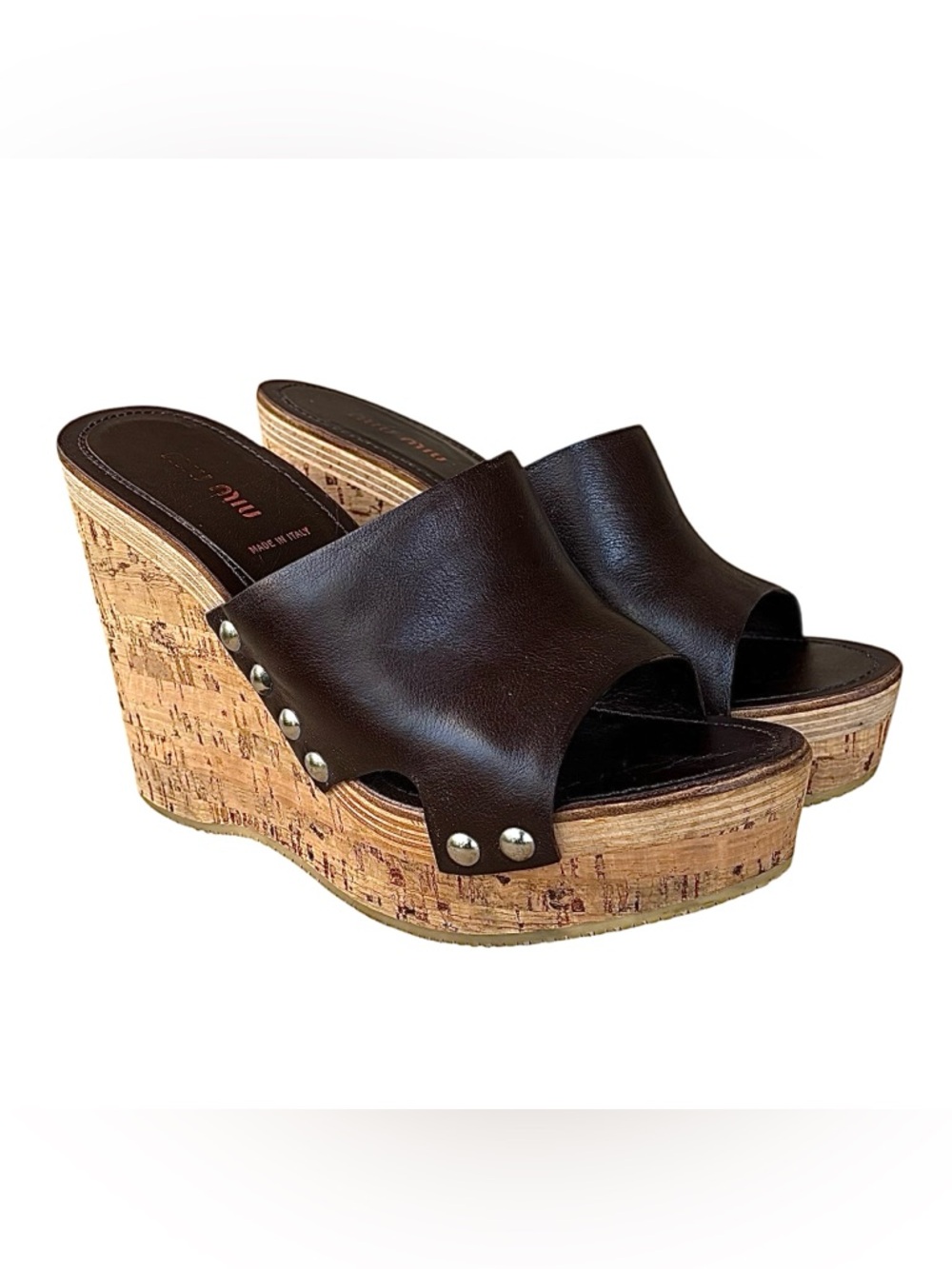 MIU MIU Brown Leather & Cork Platform Wedges